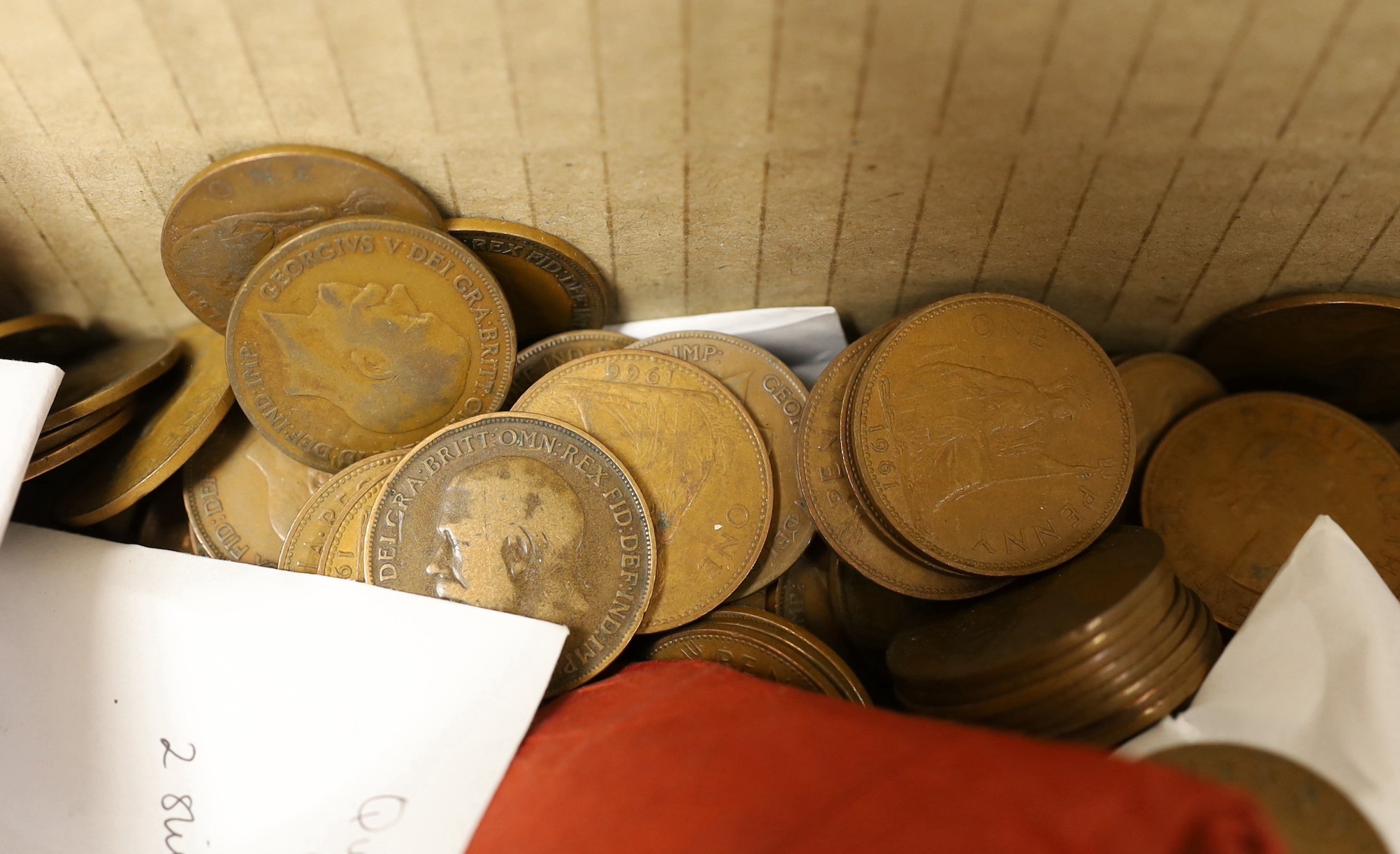 A group of UK first day covers including 1966 World Cup and sheets of stamps and a group of UK coins George III to Queen Elizabeth II